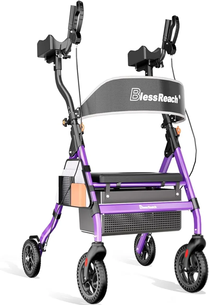 Heavy Duty Upright Rollator Walker for Seniors with Seat, 450lb Capacity, 6 Height Adjustments, 8" All-Terrain Wheels, Padded Seat & Backrest, Easy Assembly, Foldable Design (Purple) - Ergonomic Support for Pain-Free Walking - Main Image