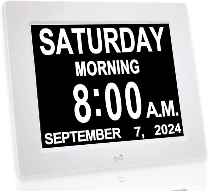 Digital Calendar Alarm Day Clock - with 8" Large Screen Display, am pm, Multiple Alarms - Main Image