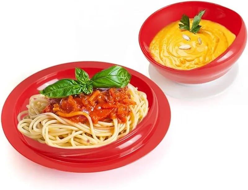 pekokavo Spill Proof Scoop Bowl and Plate with Non-Skid Suction Base, Adaptive Self-Feeding Dinnerware for Elderly/Disabled (Red Combo Set) - MAKES MEAL TIME EASIER - Main Image