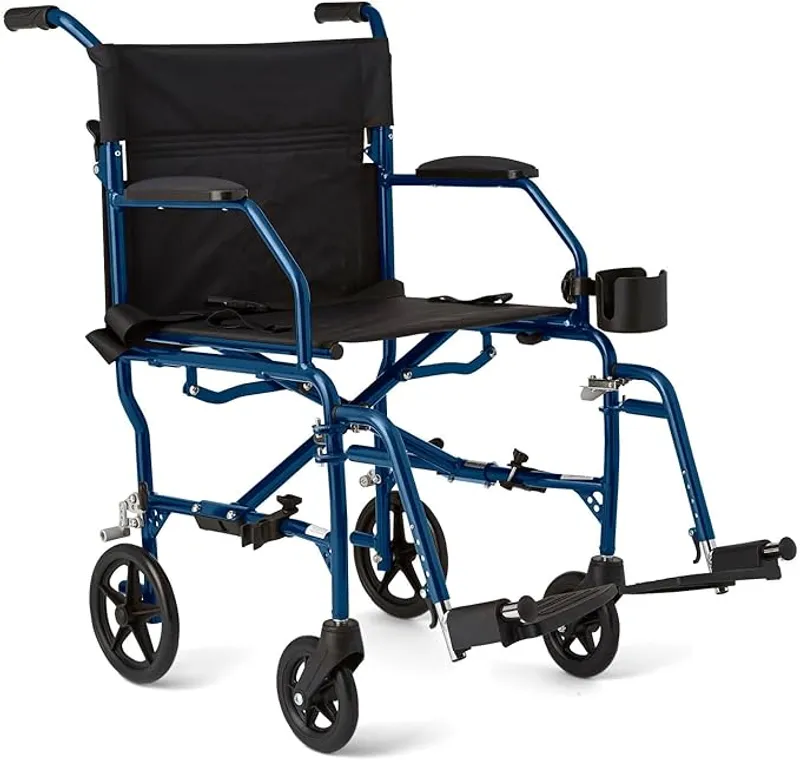 Medline Ultra Lightweight Transport Wheelchair for Adults, Foldable, 19-Inch Seat Width, Blue Frame, Black Upholstery - Essential Mobility Support - Main Image