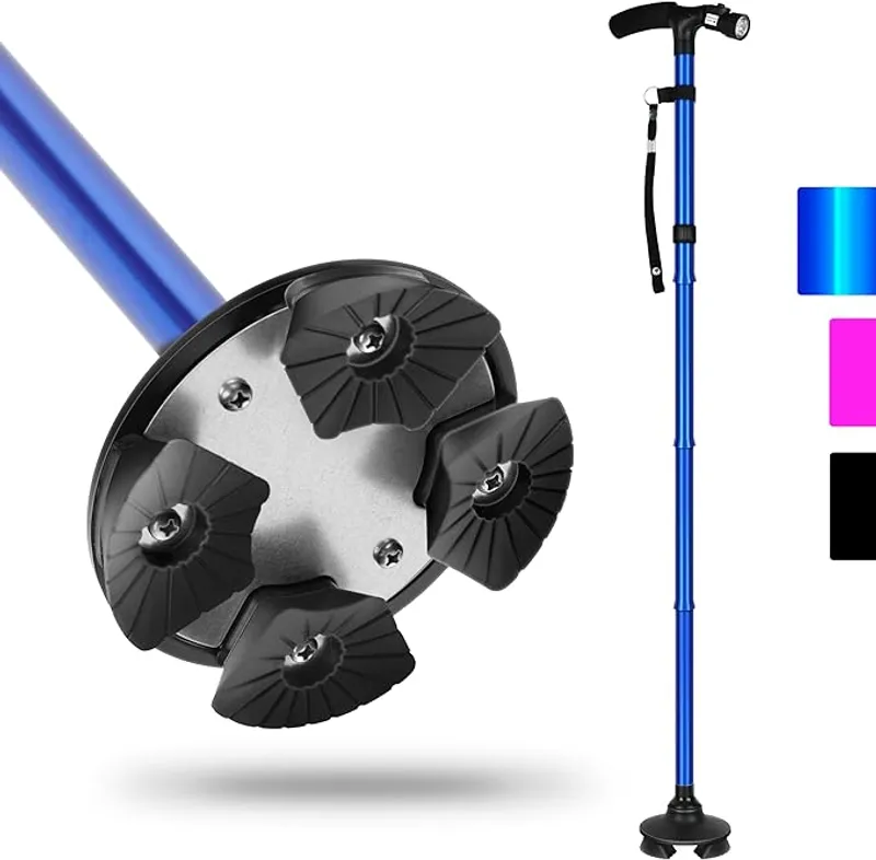 Folding Cane with Led Light, Adjustable Canes for Men and Women, Walking Stick for Elderly with Cushion Handle and Pivoting Quad Base - Main Image