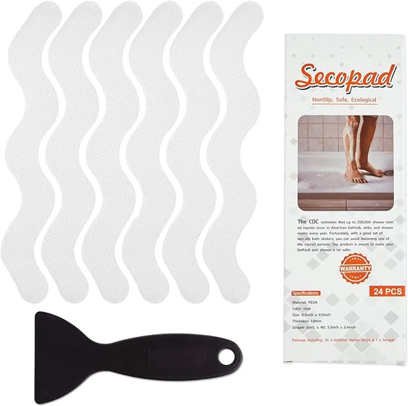 Anti Slip Shower Stickers, Adhesive Decals Safety Strips with High Quality Scraper for Bath Tub, Shower, Stairs, 24 Pieces (Clear) - Enhanced Bathroom Safety - Main Image