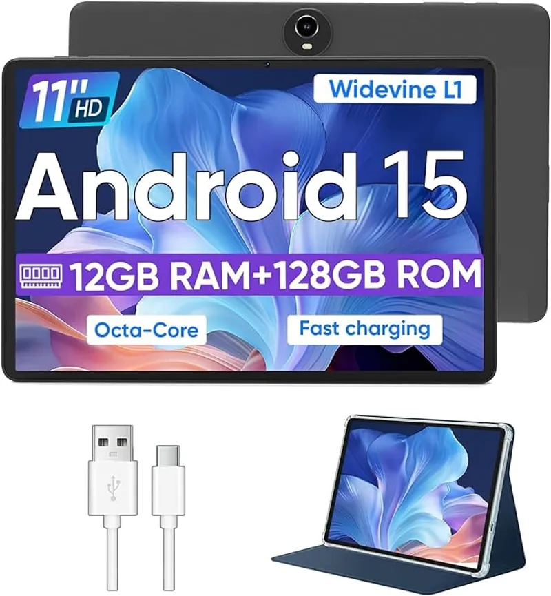 Android 15 Tablet,11 Inch Tablets with Octa Core Processor, 12GB RAM 128GB ROM 1TB Expand, Widevine L1, 8000mAh Battery, 2.4/5Ghz Dual WiFi/GPS/FM, 5/8MP Cameras, Case Included, Black - Main Image