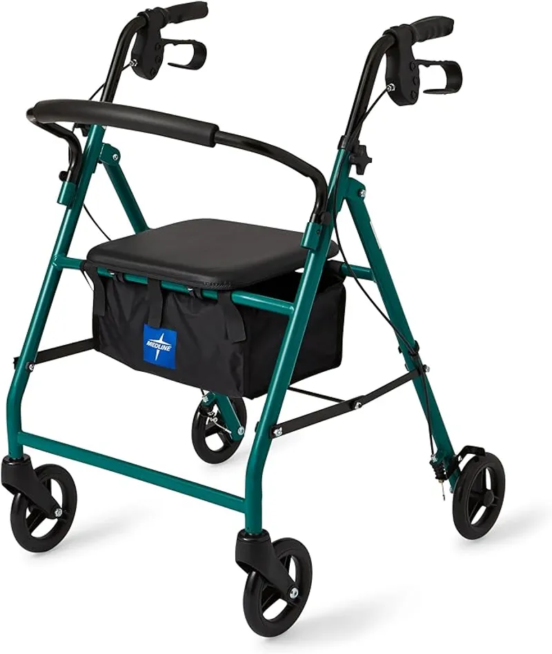 Medline Steel Foldable Adult Transport Rollator Mobility Walker with 6" Wheels, Green - Durable Stability and Comfort - Main Image