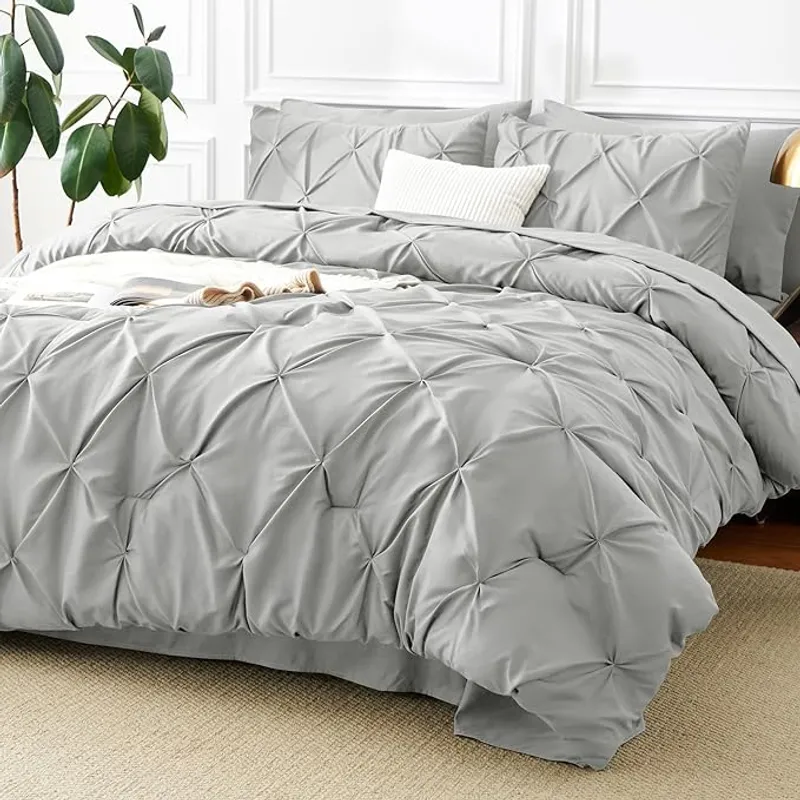 CozyLux Queen Comforter Set Light Grey, 7 Pieces Pintuck Bed in A Bag - Main Image