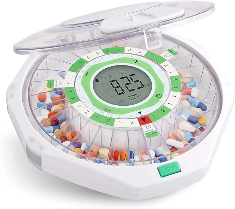 Live Fine 28-Day Automatic Pill Dispenser Clear Lid with Upgraded LCD Display and Key Lock, Sound & Light for Prescriptions, Medication, Vitamins, Supplements & More - Easy Pill Organization & Dispensing - Main Image