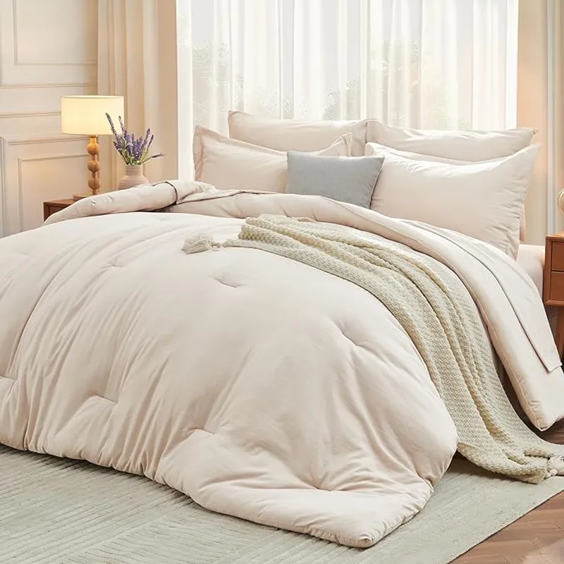 MUXHOMO 7 Pieces Queen Comforter Set, Soft Bed in a Bag Queen Size, All Season Bedding Set with Comforter, Flat Sheet, Fitted Sheet, Pillowcases & Shams, Beige - Ultimate Comfort - Main Image
