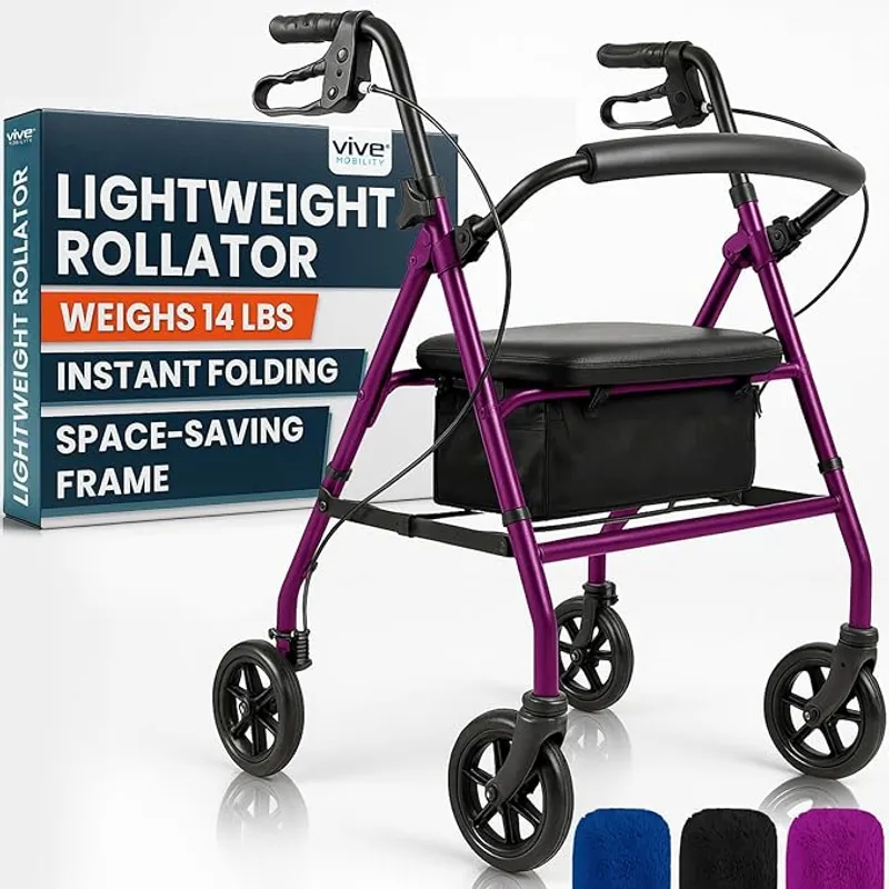 Vive Ultra Lightweight Rollator Walker with Seat - Foldable, Narrow, Rolling Senior Walker for Small Spaces - 4 Wheel Aluminum Adult Easy Drive Aid with Underseat Accessory - Weighs Only 14 Lbs - Main Image
