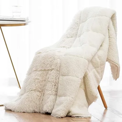 Wemore Shaggy Long Fur Faux Fur Weighted Blanket, Cozy and Fluffy Plush Sherpa Long Hair Blanket for Adult 15lbs, Fluffy Fuzzy Sherpa Reverse Heavy Blankets for Bed, Couch, Cream White, 48 x 72 Inches - Main Image