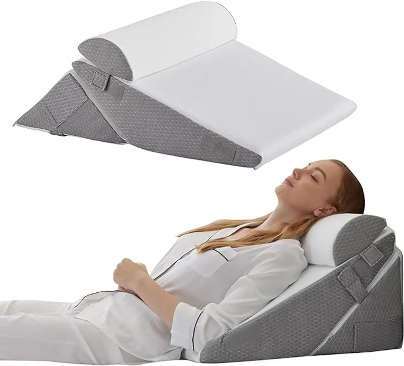Bedluxe Wedge Pillow Headboard, 3PCS Orthopedic Bed Wedge Pillows Set for After Surgery, Adjustable Pillow Wedge for Acid Reflux&Back Pain Relief, Sleeping, Back Pillow for Bed Sitting Up, White/Grey - Main Image