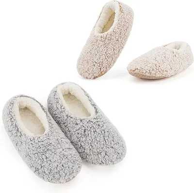 Cozylook 2-Pair Women's Soft Sole Slipper Socks with Grippers, Thick Warm Cozy Sherpa Lined Home Socks Set, Cable Knitted Non-slip Fluffy Winter House Bedroom Slippers - Comfortable and Safety - Main Image