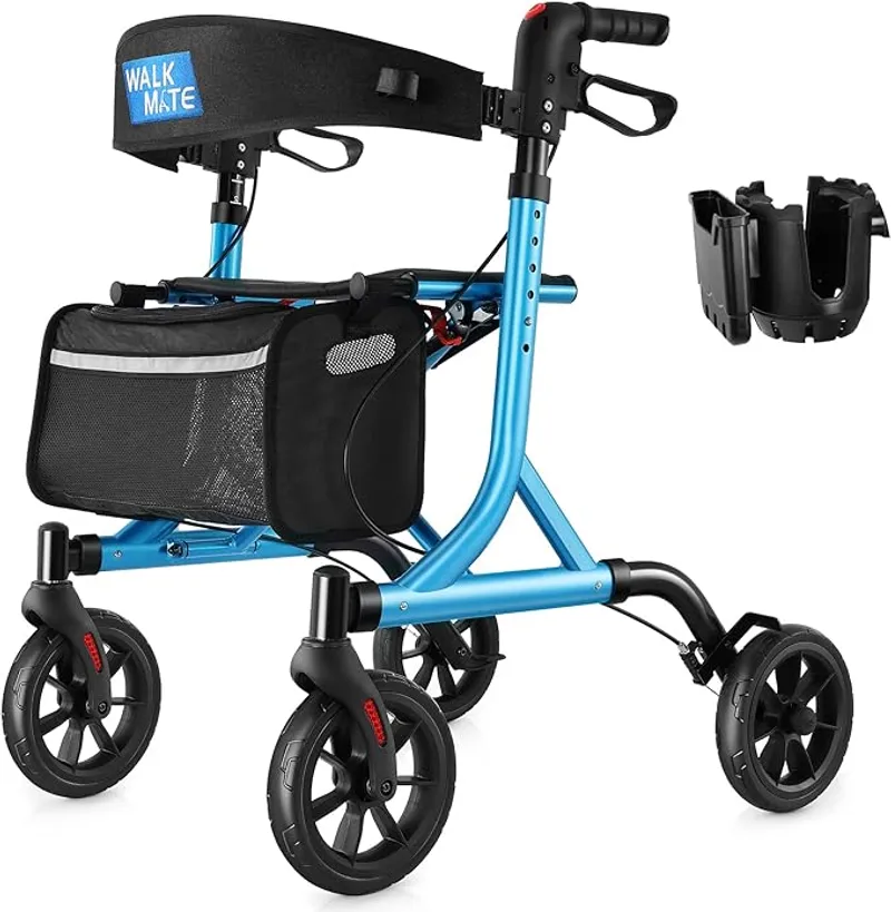 WALK MATE Rollator Walker for Seniors with Cup Holder, Upgraded Thumb Press Button for Height Adjustment, 4 x 8 Wheels Walker with Seat Padded Backrest Folding Lightweight Walking Aid, Blue - Main Image