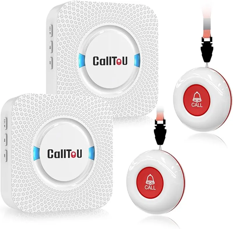 CallToU Wireless Caregiver Pager Smart Call System 2 SOS Call Buttons/Transmitters 2 Receivers Nurse Calling Alert Patient Help System for Home/Personal Attention Pager 500+Feet Plugin Receiver - Main Image