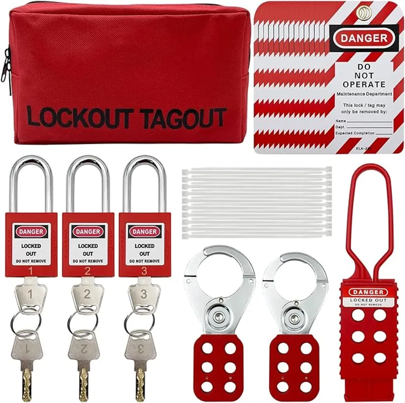 Lockout Tagout Kit Electrical Loto - Group Lockout Hasps, Lockout Tags, Safety Padlocks with Number, Nylon Ties with Pocket Bag(Red Kit) - OSHA Compliant Lockout Kit - Main Image
