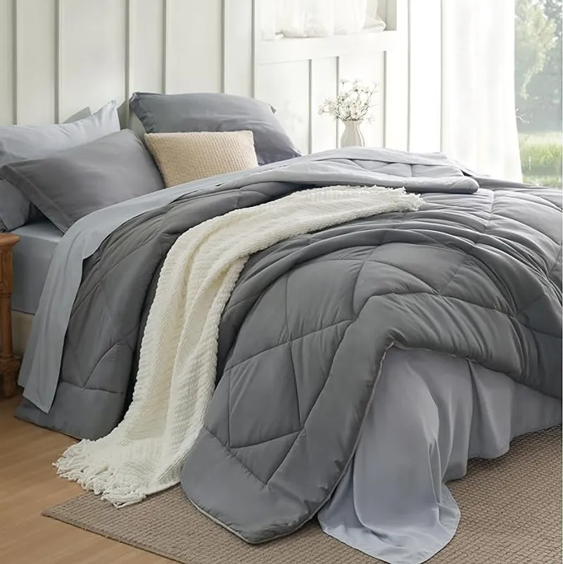 Bedsure King Size Comforter Set - 7 Pieces Reversible Grey Bedding - Main Image