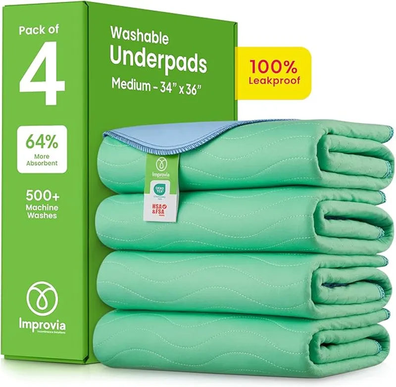 IMPROVIA Washable Underpads, 34" x 36" (Pack of 4) - Heavy Absorbency Reusable Bedwetting Incontinence Pads for Kids, Adults, Elderly, and Pets - Main Image