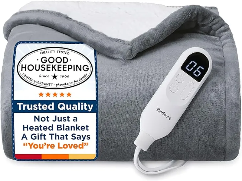 Bedsure Heated Blanket Throw Blanket - Fast Heating Electric Blanket, Soft Flannel Heated Throw with 4 Time Settings, 6 Heating Settings, Warm Gifts for Grandma & Grandpa & Seniors (50“x60”, Grey) - Customizable Warmth: Featuring fast and consistent heating, this heated throw blanket offers 6 heating levels and 4 time‑settings for customizable coziness. Advanced heating-wire technology ensures precise, safe warmth. In Good Housekeeping’s 2025 lab tests of 12 heated blankets, it ranked top and earned the Good Housekeeping Seal - Main Image