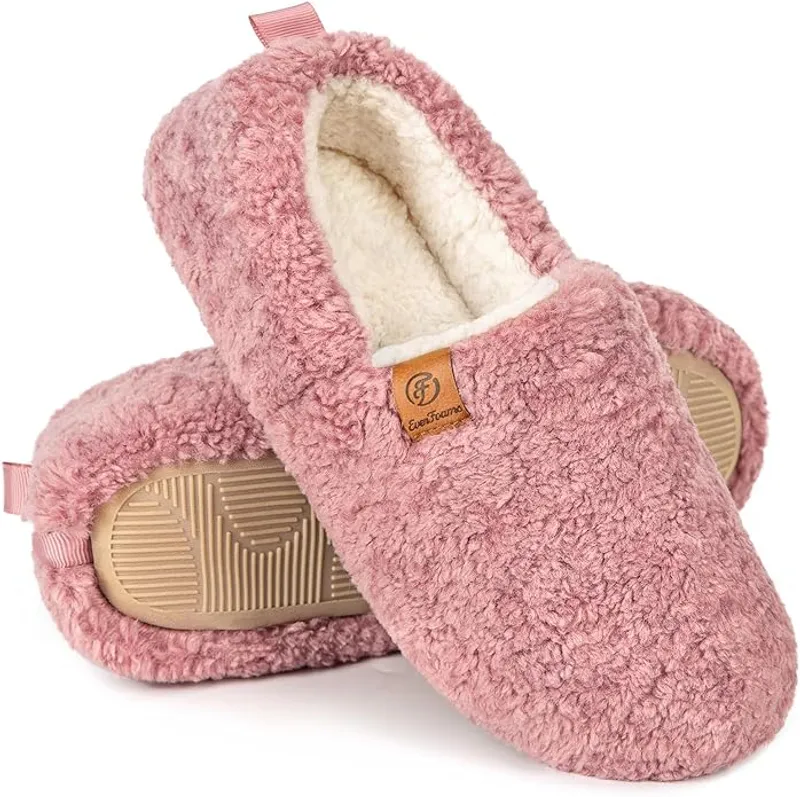 EverFoams Women’s Soft Curly Full Slippers Memory Foam Lightweight House Shoes Cozy Loafer with Polar Fleece Lining - Main Image