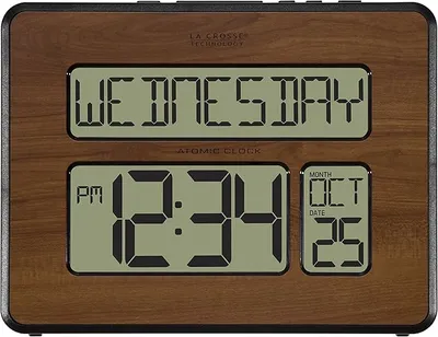 La Crosse Technology 513-1419-WA-INT Atomic Large Full Digital Calendar Clock, Walnut - Perfect for Memory Care - Main Image